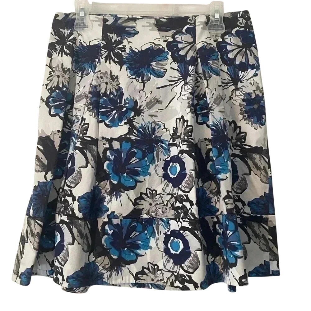 Sharagano Studio Blue Floral Cotton Stretch A-Line Pleated Skirt Size‎ 8
